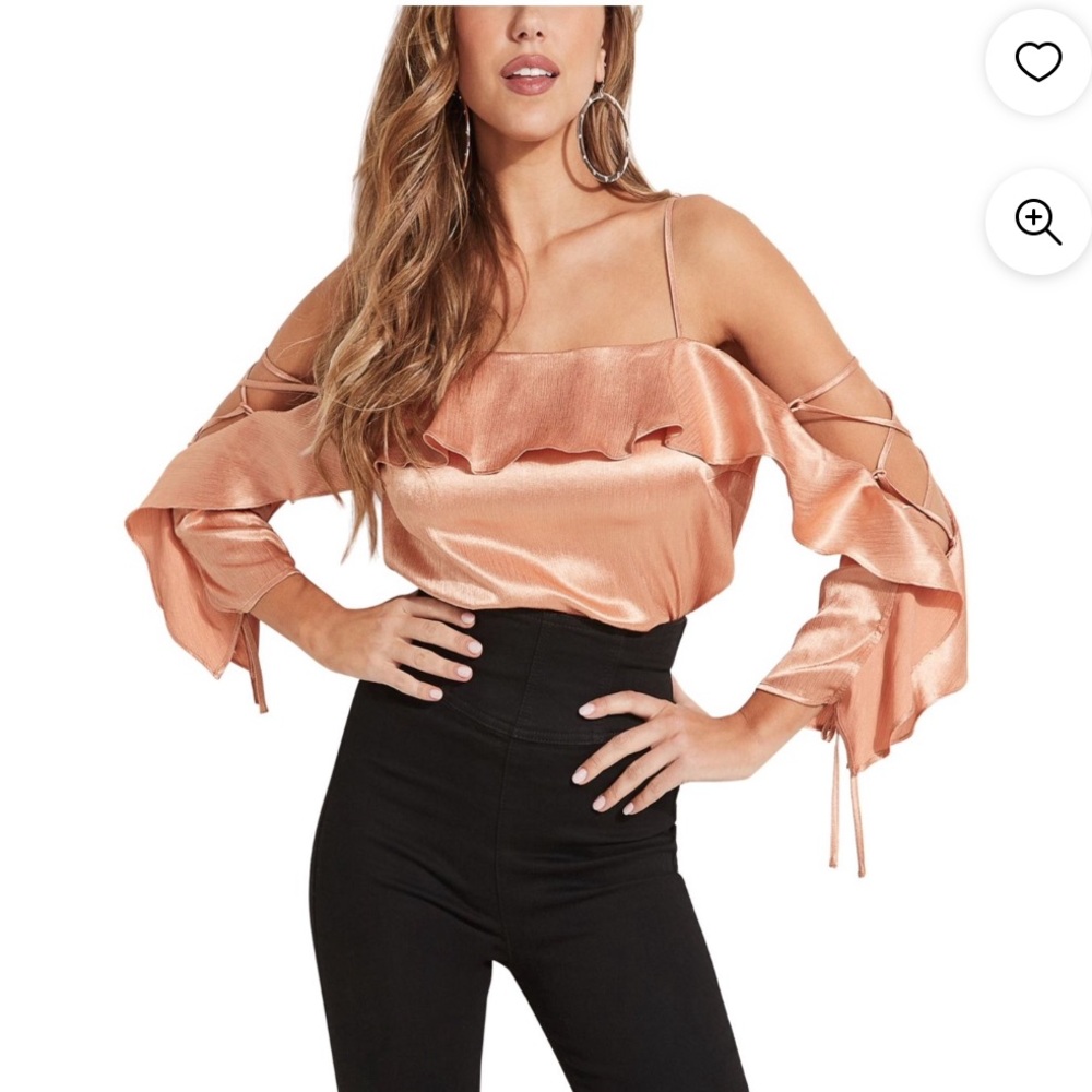 GUESS Womens Orange Cold Shoulder
Ruffled Silk Spaghetti Strap Square
Neck Top
